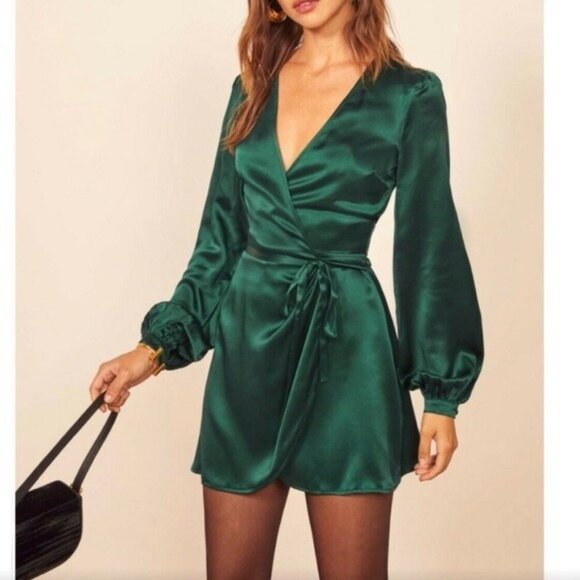 Reformation Starlight Wrap-Over puffed sleeve silk mini dress emerald size XS - Picture 2 of 13